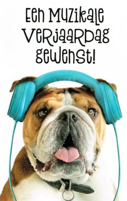Wenskaart "Een Muzikale verjaardag gewenst" hond met koptelefoon