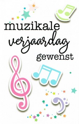 Wenskaart "Muzikale Verjaardag Gewenst" muziektekens kleur