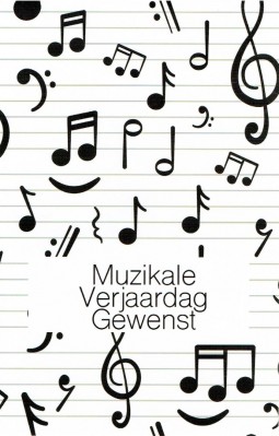 Wenskaart "Muzikale verjaardag gewenst" / "Van harte Gefeliciteerd"muziektekens zwart/wit verticaal