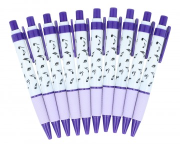 Balpen met clip en drukknop muziektekens wit paars