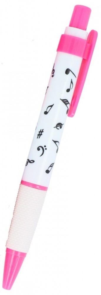 Balpen met clip en drukknop muziektekens wit roze 2