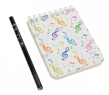 Notitieboekje klein met potlood wit muzieknoten gekleurd