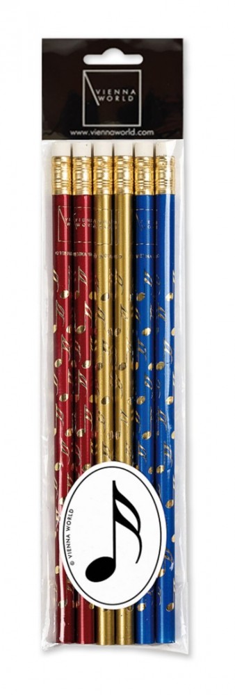 Potloden muzieknoten goud rood blauw 6 stuks