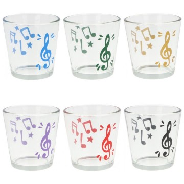 Waxinelichthouder rond vioolsleutel en muzieknoten met sterren alle kleuren