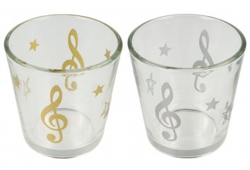 Waxinelichthouder rond vioolsleutel sterren goud zilver