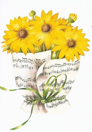 Wenskaart bloemen met bladmuziek met lint zonnebloemen