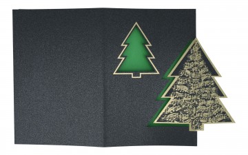 Wenskaart kerstboom notenbalken zw goud groen 2
