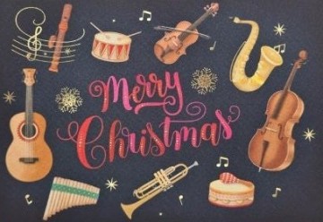 Wenskaart merry christmas muziekinstrumenten